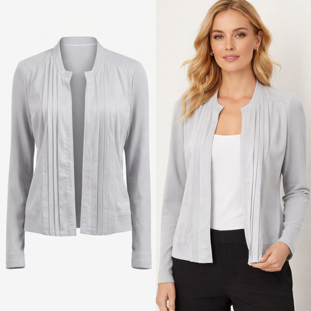 Cache Light Gray Open Front Jacket | Ribbed Sleeves | Lightweight | Size 8